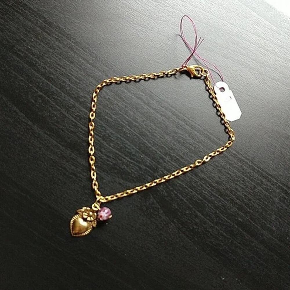 Anklet, Gold Heart Flower + Glass Bead 9" old new stock fashion jewelry - Picture 2 of 5